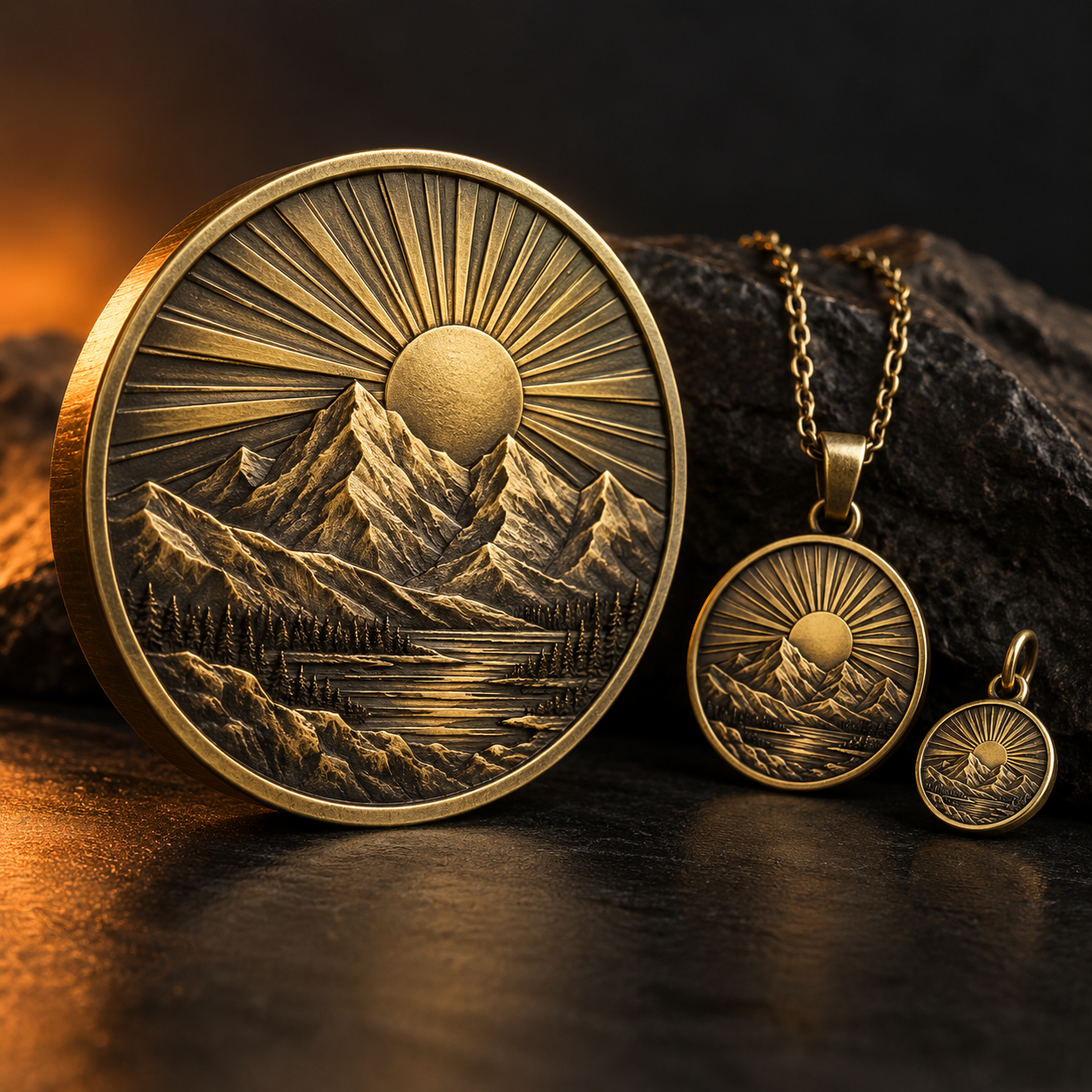 Example concept: dimensional brass relief applied to coins, pendants, and charms.