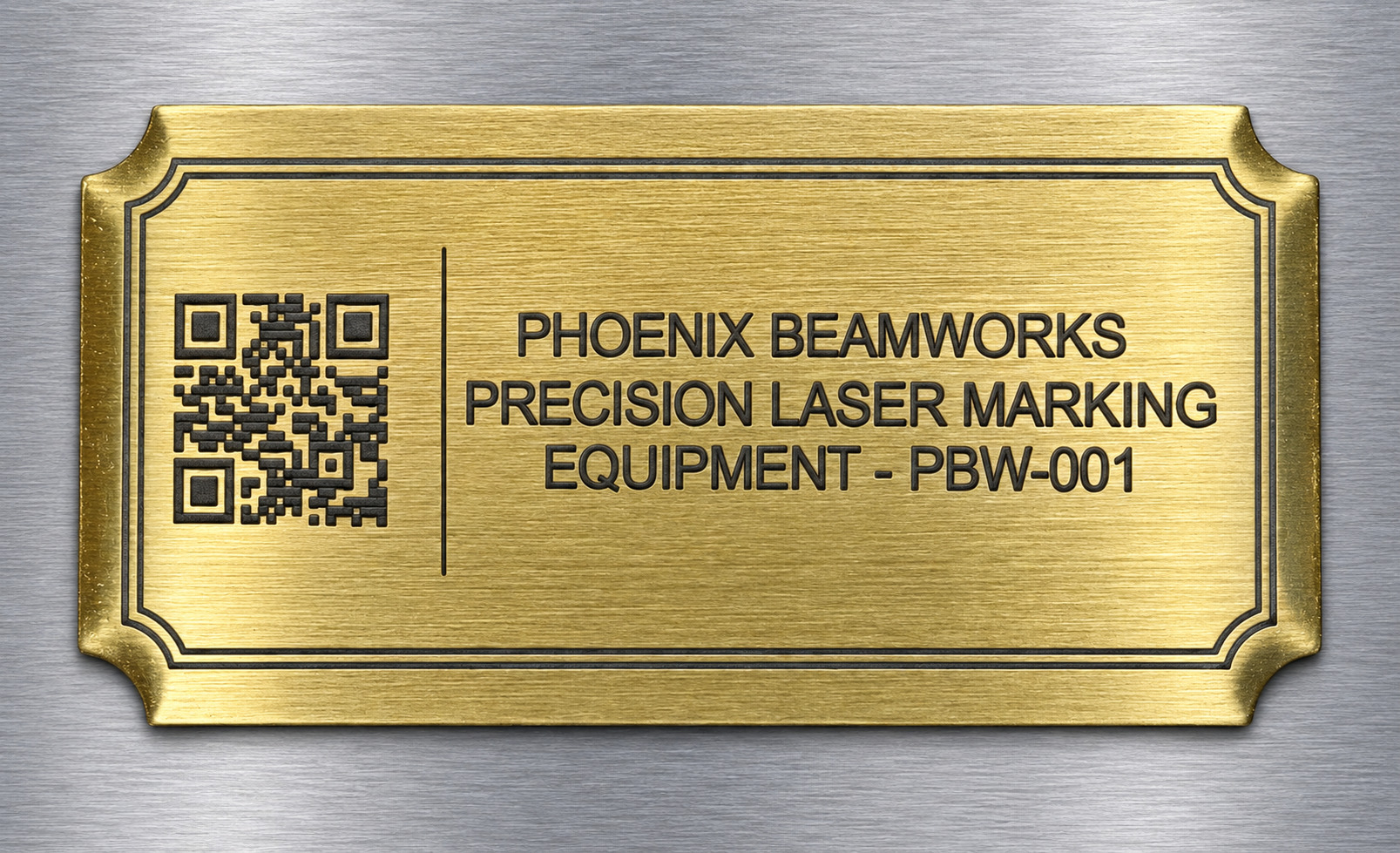 Custom brushed-gold adhesive-backed identification plaque with engraved border, QR code, and business information