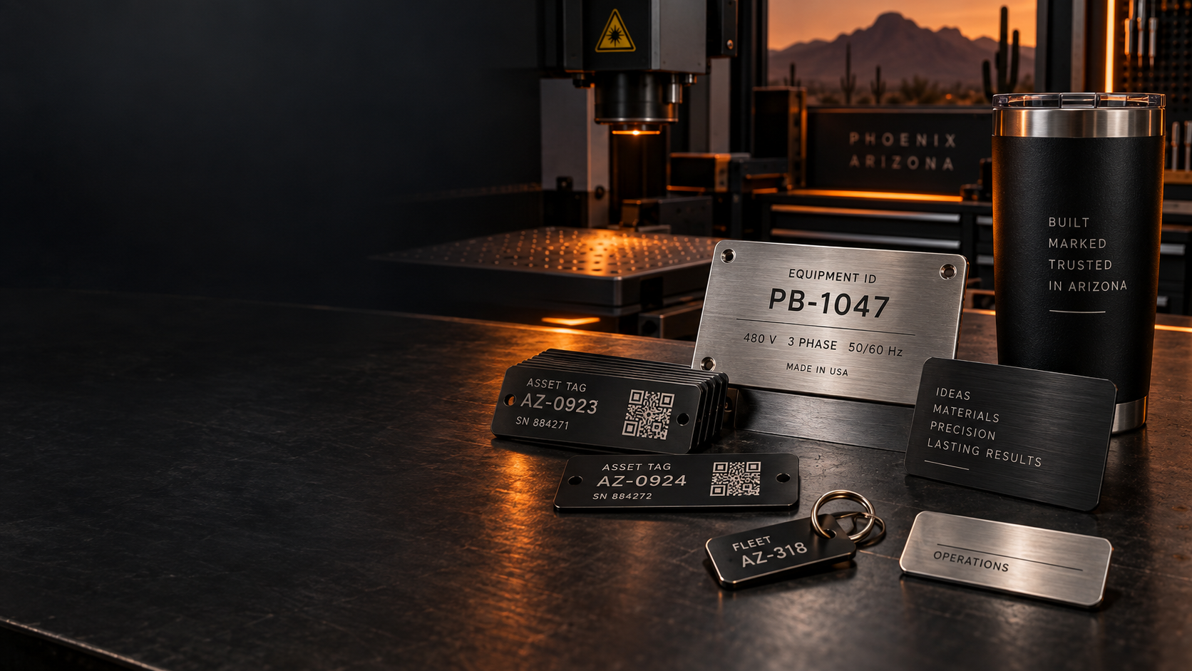 Laser-marked asset tags, equipment plates, metal cards, key tag, name badge, and tumbler in a professional Phoenix workshop