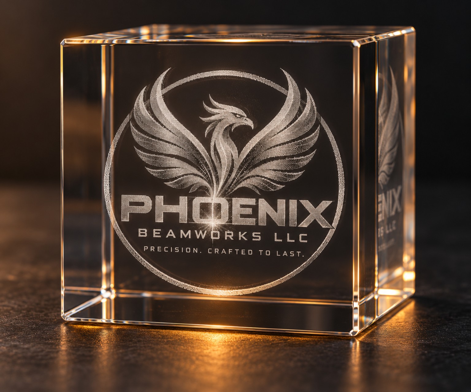 Example concept: a dimensional Phoenix Beamworks design suspended inside optical crystal.